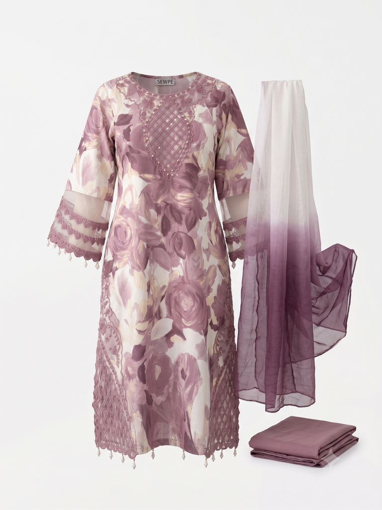 Mauve Floral Kurta Set (32/S)