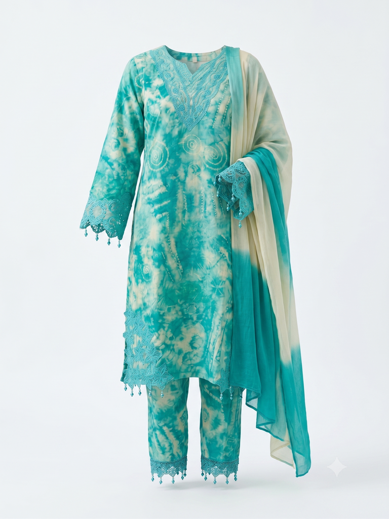 Aqua Shibori Lace-Trimmed Kurta Set (32/S)