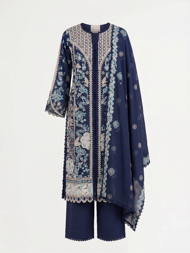 Midnight Blue Floral Embroidered Kurta Set (32/S)