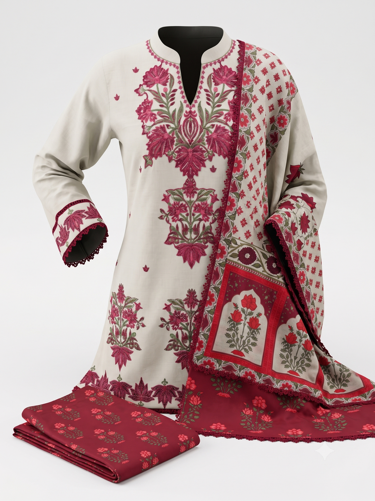 Premium Cream and Crimson Embroidered Lotus Kurta Set (32/S)