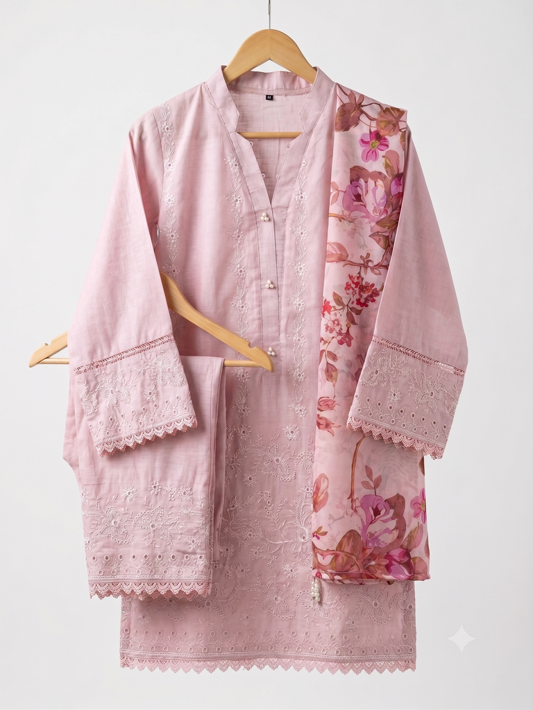 Dusty Rose Schiffli Embroidered Kurta Set with Floral Dupatta (32/S)
